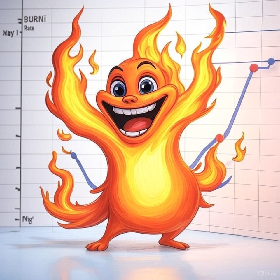 Burni mascot in front of a rising chart