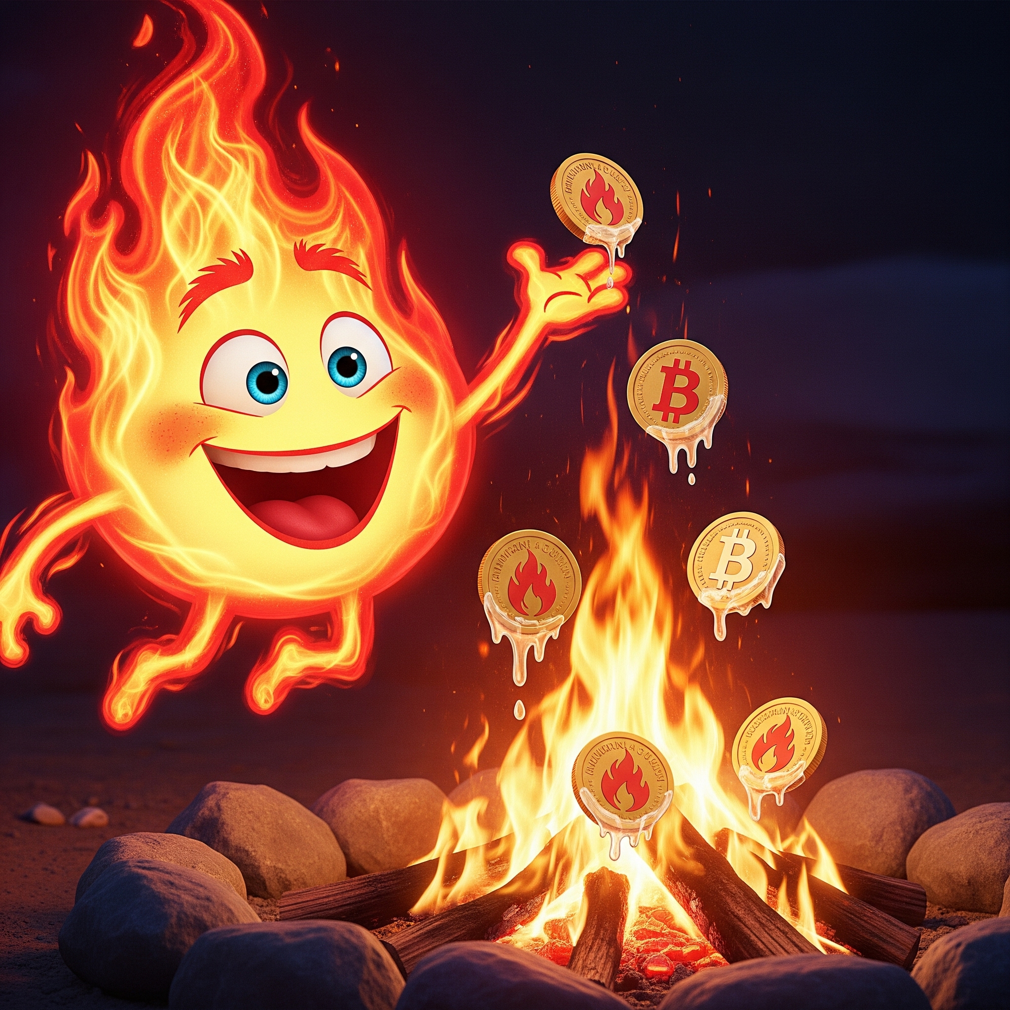 Burni mascot burning tokens in a campfire