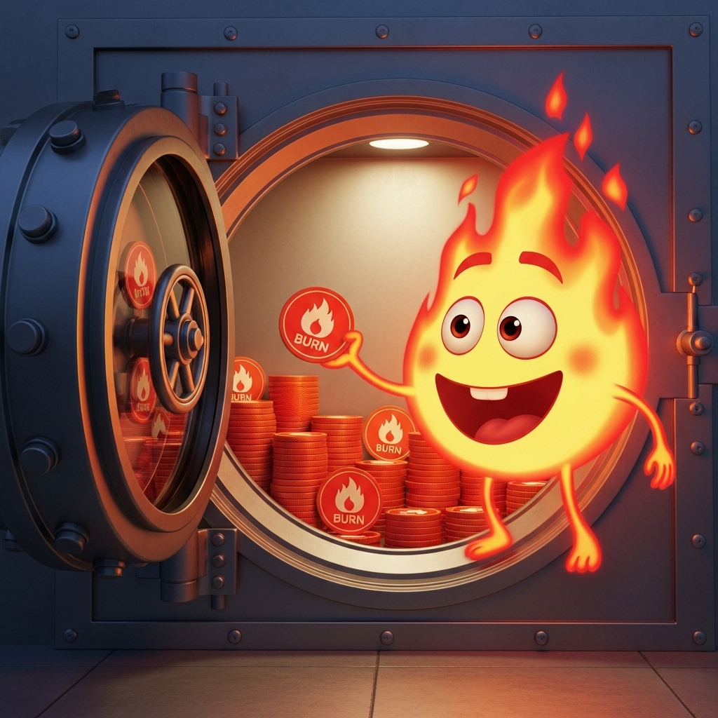 Burni mascot locking coins in a vault